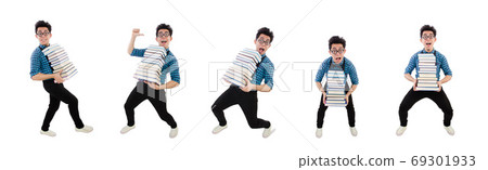 Funny student with books on white Funny student with books on white 69301933