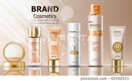 Beige color make up cosmetics set with cream, sunscreen spray, primer and foundation. Mirror and sun shining decoration 69302053