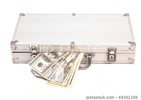 Silver case with dollars on white background Silver case with dollars on white background 69302108