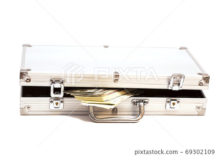 Silver case with dollars on white background Silver case with dollars on white background 69302109