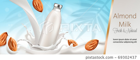 Bottle surrounded and filled with milk and almonds. Place for text, Fresh and natural. 3D Mockup Bottle surrounded and filled with milk and almonds. Place for text, Fresh and natural. 3D Mockup 69302437
