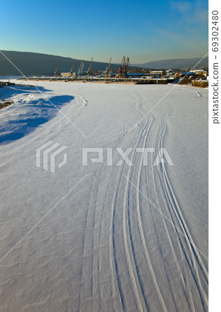 Lena river at Ust-Kut in the winter Lena river at Ust-Kut in the winter 69302480