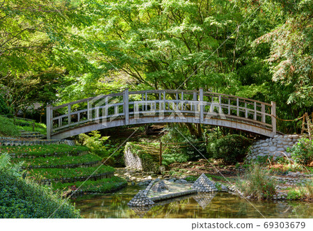 Wooden japanese bridge in Albert Kahn Garden - Boulogne-Billancourt - France Wooden japanese bridge in Albert Kahn Garden - Boulogne-Billancourt - France 69303679