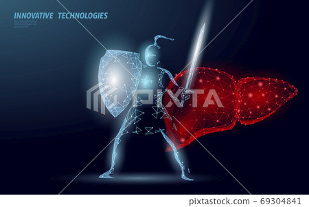 Low poly 3D human liver khight shield protect. Medicine recovery technology drug medicine concept. Vector illustration 69304841