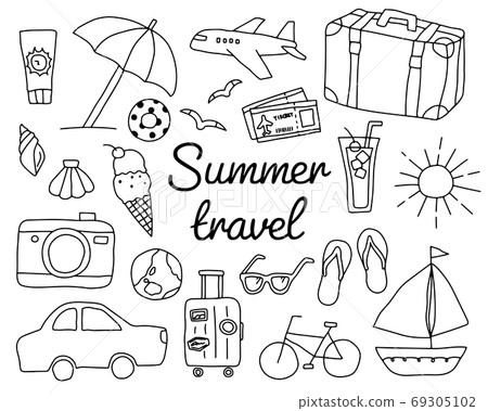 A set of hand-drawn illustrations for summer travel / Fashion / Travel / Travel / Sightseeing / Summer vacation / Sea / Beach / Cute 69305102