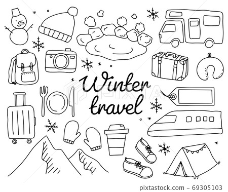 Set of hand-drawn illustrations for winter travel / Fashion / Travel / Travel / Tourism / Winter vacation / Snow / Hot spring / Cute 69305103