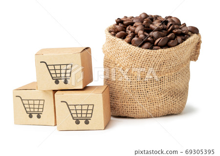 Box with shopping cart logo symbol with coffee beans on sack, Im 69305395