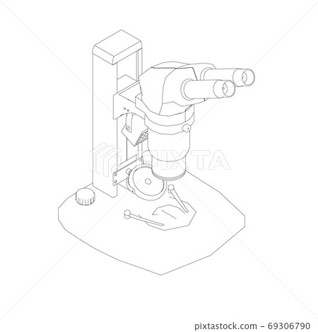 Microscope outline from black lines isolated on white background. Desktop microscope. Isometric view. Vector illustration 69306790