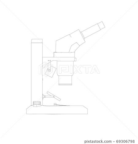Microscope outline from black lines isolated on white background. Desktop microscope. Side view. Vector illustration Microscope outline from black lines isolated on white background. Desktop microscope. Side view. Vector illustration 69306798
