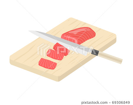 Illustration of cutting a tuna fillet with a knife 69306849