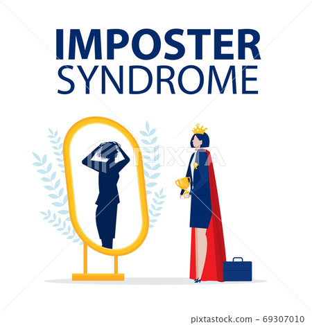 Imposter syndrome.business woman get award standing with mirror and seeing themselves as shadow behind. Anxiety and lack of self confidence at work, vector illustration. Imposter syndrome.business woman get award standing with mirror and seeing themselves as shadow behind. Anxiety and lack of self confidence at work, vector illustration. 69307010