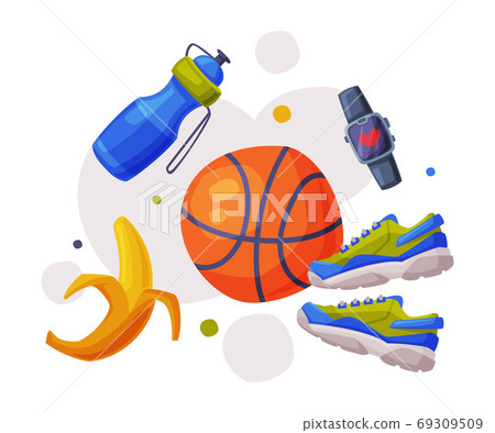Healthy Lifestyle Objects, Sports Equipment, Nutritious Food, Athletic Shoes, Smartwatch Cartoon Style Vector Illustration 69309509