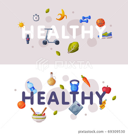 Healthy Lifestyle Banners Set, Fitness and Sports, Proper Nutrition Food Cartoon Style Vector Illustration 69309530