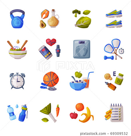 Healthy Lifestyle Set, Fitness and Sports Equipment, Useful Nutritious Food Cartoon Style Vector Illustration 69309532