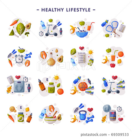 Healthy Lifestyle Set, Fitness and Sports Equipment, Proper Nutrition, Dieting Cartoon Style Vector Illustration 69309533