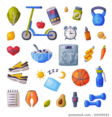 Healthy Lifestyle, Outdoor Activity, Fitness Exercises Set, Various Sports Equipment, Nutritious Healthy Food Cartoon Style Vector Illustration 69309565