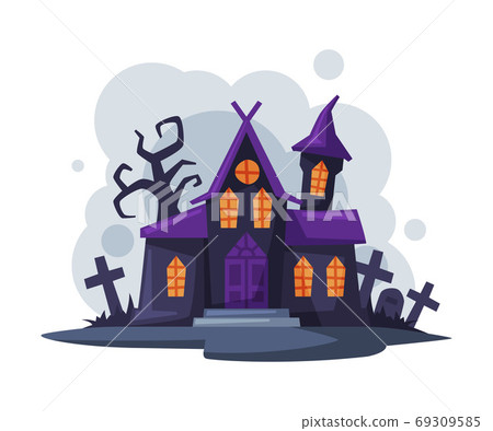 Scary Gothic House, Halloween Haunted Mansion Cartoon Style Vector Illustration on White Background Scary Gothic House, Halloween Haunted Mansion Cartoon Style Vector Illustration on White Background 69309585