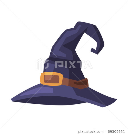 Black Witch Hat, Witchcraft Attribute, Happy Halloween Object Cartoon Style Vector Illustration on White Background 69309631