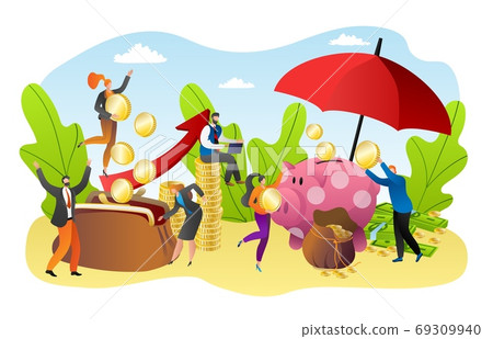 Money accumulation, finance concept, vector illustration. Gold coin money dropping in open purse, piggy bank and tiny people. 69309940