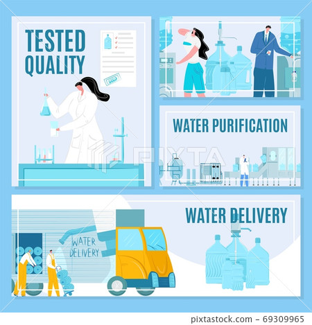 Water delivery and purification process vector illustration banners set. Testing and packaging bottles for drink. Water industry. 69309965