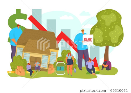 Loss of property, investment risk and uncertainty in real estate housing market concept, vector illustration. Fall and crisis in finance. Loss of property, investment risk and uncertainty in real estate housing market concept, vector illustration. Fall and crisis in finance. 69310051