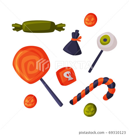 Candies and Sweets Set, Happy Halloween Objects Cartoon Style Vector Illustration on White Background Candies and Sweets Set, Happy Halloween Objects Cartoon Style Vector Illustration on White Background 69310123