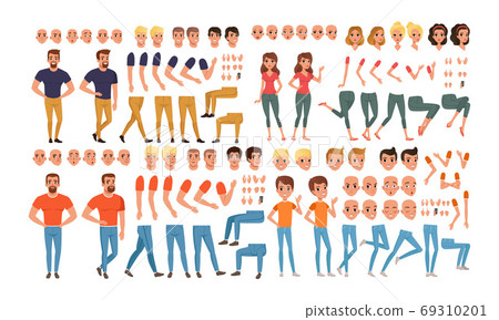 Male and Female Characters Creation Set, People Constructor with Various Views, Face Emotions, Poses Cartoon Style Vector Illustration Male and Female Characters Creation Set, People Constructor with Various Views, Face Emotions, Poses Cartoon Style Vector Illustration 69310201