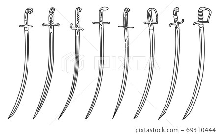 Set of simple images of cavalry swords drawn in art line style. 69310444