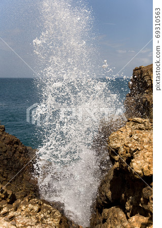 top of nature water fountain in ocean - blow hole, Sri Lanka 69310563