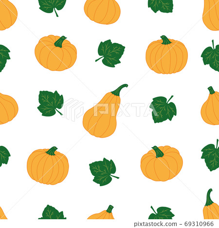 Colorful Pumpkins with leaves on a white background. Seamless vector pattern. Cute autumn illustrations for holiday decorations, festive cards, banners, wrappings, prints, fabrics, creatives crafts. Colorful Pumpkins with leaves on a white background. Seamless vector pattern. Cute autumn illustrations for holiday decorations, festive cards, banners, wrappings, prints, fabrics, creatives crafts. 69310966