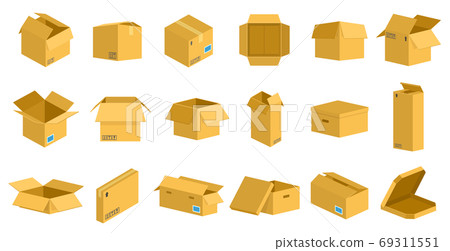 Storage cardboard boxes. Packaging delivery cardboard box, brown postal parcel package, open and closed recycling boxes vector illustration set Storage cardboard boxes. Packaging delivery cardboard box, brown postal parcel package, open and closed recycling boxes vector illustration set 69311551