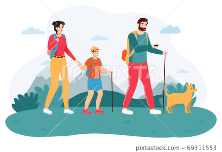 Family outdoor journey. Happy hiking family, active adventure tourism, active tourists, travel trekking family with kid vector background illustration 69311553