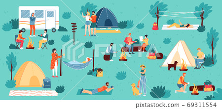 Outdoor camping. Adventure travel, hiking and nature camping, male and female tourists enjoy summertime outdoor activities vector illustration Outdoor camping. Adventure travel, hiking and nature camping, male and female tourists enjoy summertime outdoor activities vector illustration 69311554