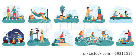 Outdoor activity tourism. Camping and hiking adventure travel, male and female active tourists, nature camping trip vector illustration icons set 69311555