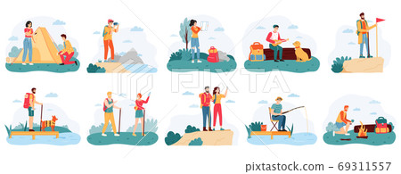 People hikers. Active hiking tourists, outdoor activity camping trip, male and female tourists adventure travel vector illustration set People hikers. Active hiking tourists, outdoor activity camping trip, male and female tourists adventure travel vector illustration set 69311557