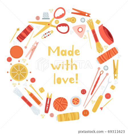Handmade needlework concept. Creative hobby tools circle frame, round knitting and needlework elements vector background illustration 69311623