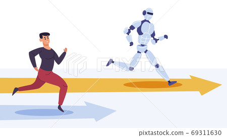 Human and robot competition. Artificial intelligence versus human worker, robot win competition, person vs AI business vector illustration Human and robot competition. Artificial intelligence versus human worker, robot win competition, person vs AI business vector illustration 69311630