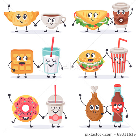 Cartoon food characters. Junk food mascots, sandwich with coffee and donut, street food and beverages cute characters vector illustration set 69311639