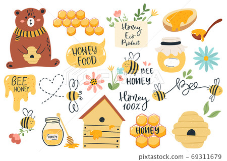 Cute honey symbols. Hand drawn honey jar, honeycomb and bee insects, funny honey doodle beekeeping farm isolated vector illustration set Cute honey symbols. Hand drawn honey jar, honeycomb and bee insects, funny honey doodle beekeeping farm isolated vector illustration set 69311679
