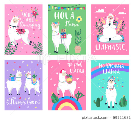 Llama cute poster. Alpaca greeting cards with - Stock