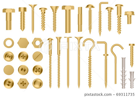 Realistic golden hardware. Construction gold metal hex cap nuts, 3d metal fixation gear, stainless screws and bolts vector illustration icons set 69311735