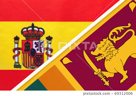 Spain and Sri Lanka, symbol of two national flags from textile. Partnership between European and Asian countries. Spain and Sri Lanka, symbol of two national flags from textile. Partnership between European and Asian countries. 69312006