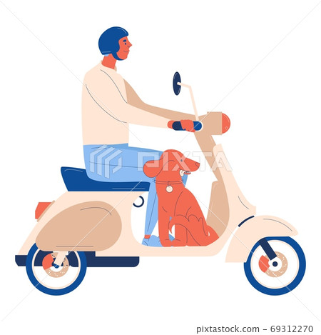 Vector isolated man with dog rides a scooter. Concept illustration in red, blue color. Helmet and happy pet Vector isolated man with dog rides a scooter. Concept illustration in red, blue color. Helmet and happy pet 69312270