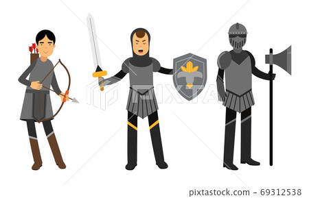 Medieval People Characters with Armored Knight and Archer Vector Illustration Set 69312538