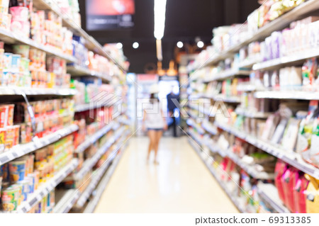 Abstract blurred supermarket and many products on the shelves, Background image in supermarket concept. Abstract blurred supermarket and many products on the shelves, Background image in supermarket concept. 69313385