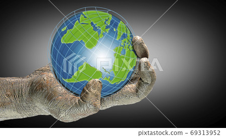 Globe in a man's hand. Ecology and safety of the planet. Environment protection. Illustration. Concept for design and advertising. Copy space. 3D image. Globe in a man's hand. Ecology and safety of the planet. Environment protection. Illustration. Concept for design and advertising. Copy space. 3D image. 69313952