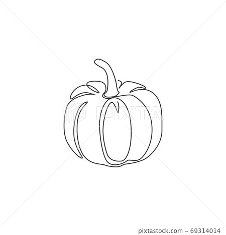 One continuous line drawing of whole round healthy organic pumpkin for orchard logo identity One continuous line drawing of whole round healthy organic pumpkin for orchard logo identity 69314014