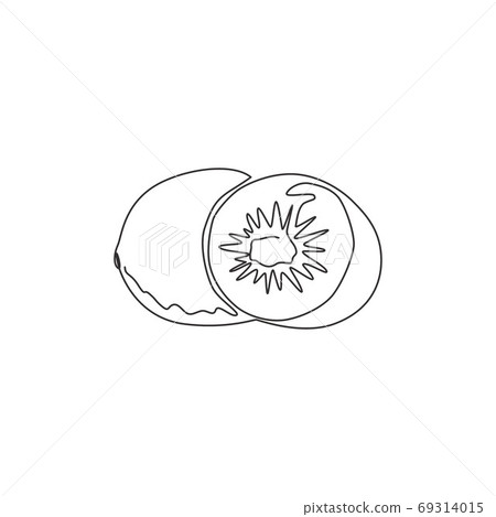 Single continuous line drawing of whole and half sliced healthy organic kiwi for orchard logo identity Single continuous line drawing of whole and half sliced healthy organic kiwi for orchard logo identity 69314015