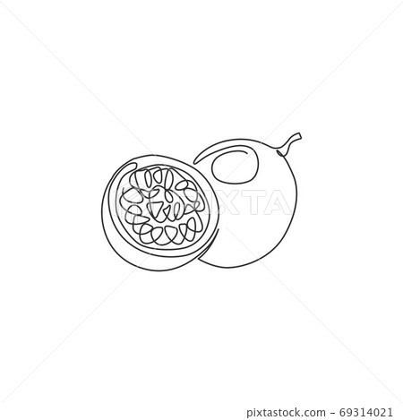 One single line drawing of whole healthy organic passion fruit for orchard logo identity One single line drawing of whole healthy organic passion fruit for orchard logo identity 69314021
