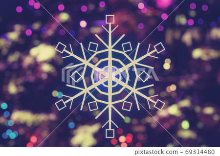 Glowing snowflake and Beautiful Christmas lights in darkness background. Design for your ad, poster, banner Glowing snowflake and Beautiful Christmas lights in darkness background. Design for your ad, poster, banner 69314480